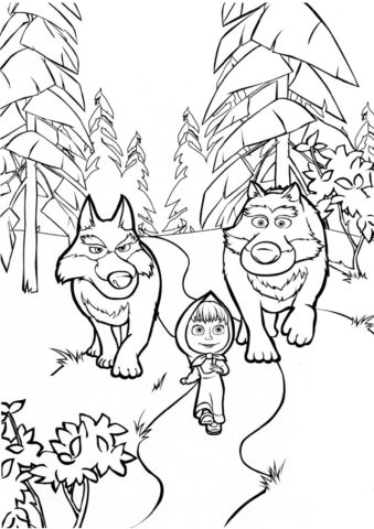 Маша и Медведь распечатать раскраску на А4 - Девочка и волки