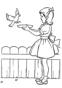 Бесплатная раскраска Девочка кормит птичку распечатать на А4 - Весна