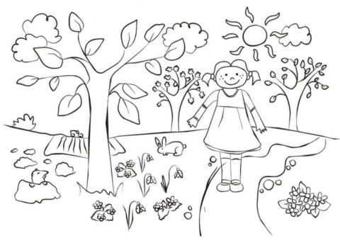 Девочка на тропинке раскраска распечатать бесплатно на А4 - Весна