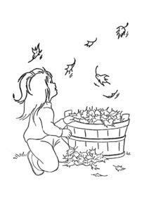 Бесплатная раскраска Девочка с корзиной листьев распечатать на А4 и скачать - Осень