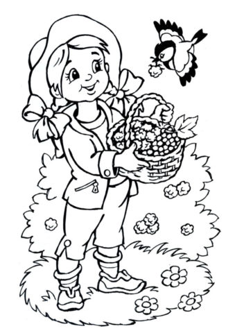 Бесплатная разукрашка для печати и скачивания Девочка собирает ягоды - Лето