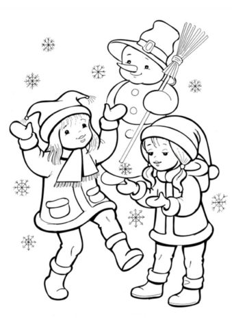 Зима бесплатная разукрашка - Девочки играют со снежинками