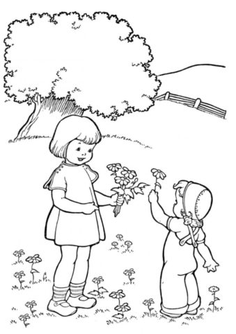 Бесплатная разукрашка для печати и скачивания Девочки собирают цветы - Весна