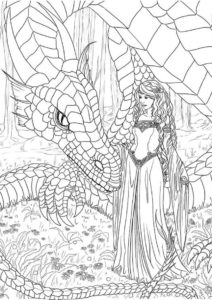 Раскраска Девушка и волшебный дракон распечатать на А4 и скачать - Драконы