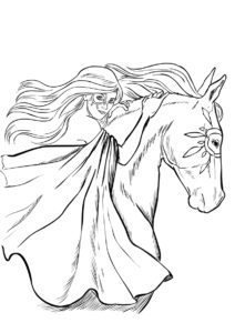 Лошади и пони бесплатная раскраска - Девушка с лошадью