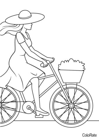 Раскраска Девушка в шляпе катается распечатать на А4 и скачать - Велосипеды