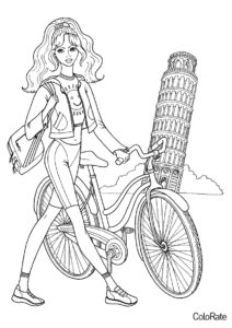 Девушка, велосипед и Пизанская башня распечатать разукрашку бесплатно - Велосипеды