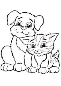 Коты, кошки, котята распечатать раскраску - Друзья кот и пес