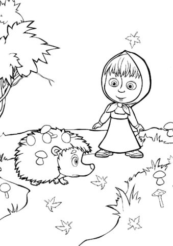 Ежик с грибами на колючках бесплатная раскраска - Маша и Медведь