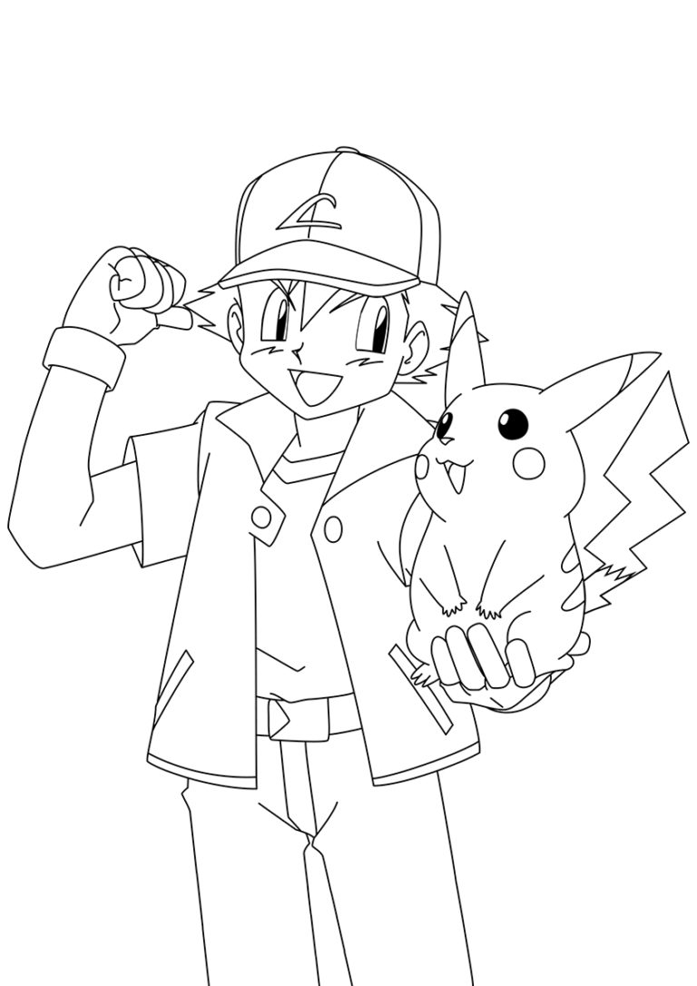 Раскраска Эш с Пикачу в руке распечатать - Покемоны