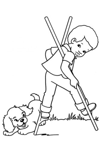 Игривый щенок и мальчик на ходулях (Собаки и щенки) бесплатная раскраска