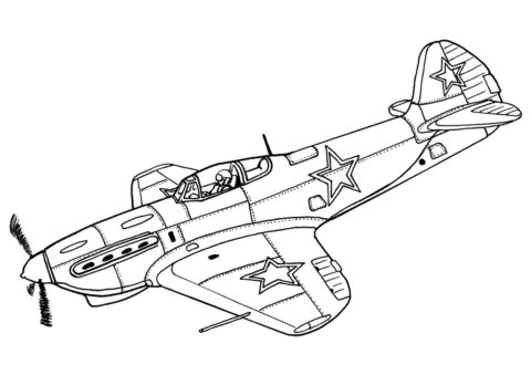 Раскраска Истребитель Як-9Д распечатать на А4 и скачать - Самолеты