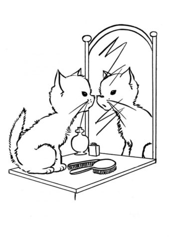 Кошечка смотрит в зеркало распечатать раскраску - Коты, кошки, котята
