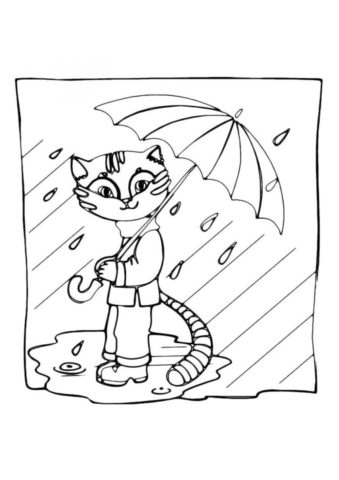 Раскраска Кошка гуляет под дождем - Коты, кошки, котята