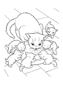 Распечатать раскраску Кошка с котятами пьют молоко - Коты, кошки, котята