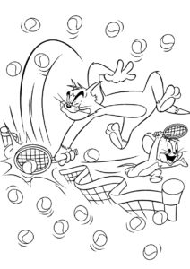 Бесплатная раскраска Кот и мышонок играют в теннис распечатать на А4 и скачать - Том и Джерри