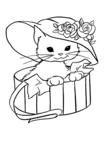 Коты, кошки, котята распечатать раскраску на А4 - Котенок под шляпкой