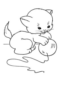 Бесплатная разукрашка для печати и скачивания Котейка играет с пряжей - Коты, кошки, котята