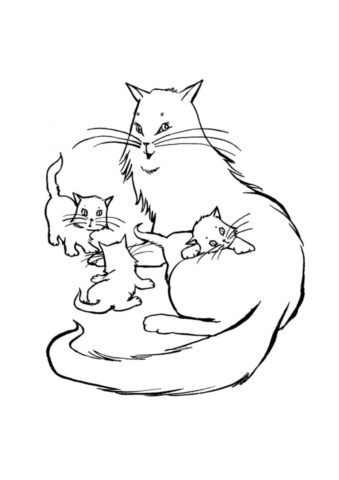 Бесплатная раскраска Котята играют с кошкой - Коты, кошки, котята