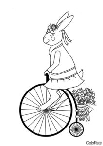Кролик на ретро велосипеде раскраска распечатать на А4 - Велосипеды