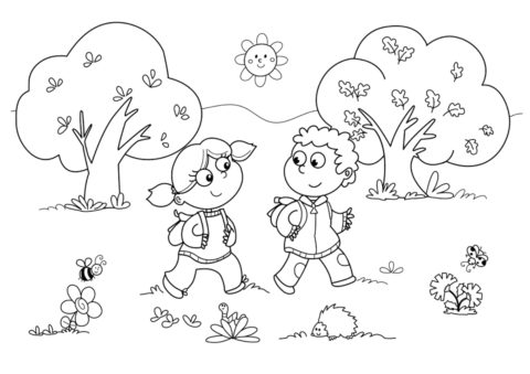 Мальчик и девочка гуляют на природе (Осень) бесплатная раскраска на печать