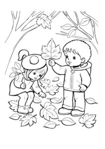 Мальчик и девочка собирают листья - Осень бесплатная раскраска