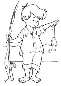 Лето распечатать раскраску - Маленький рыбак поймал рыбку
