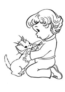 Бесплатная раскраска Малыш и котенок распечатать на А4 - Коты, кошки, котята