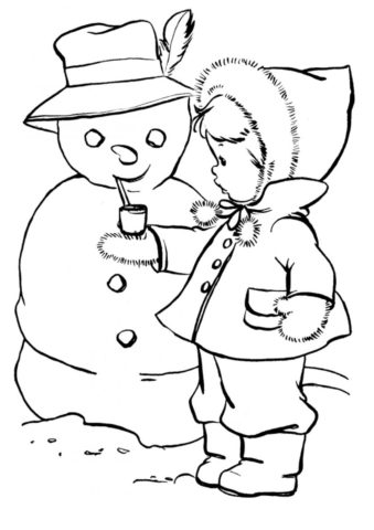 Бесплатная раскраска Малышка и снеговик распечатать на А4 - Зима