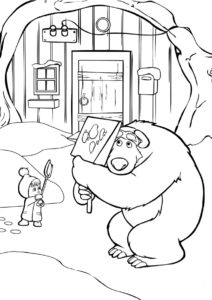 Бесплатная разукрашка для печати и скачивания Маша и Медведь играют в снежки - Маша и Медведь