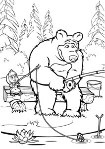 Маша и Медведь на рыбалке распечатать раскраску - Маша и Медведь