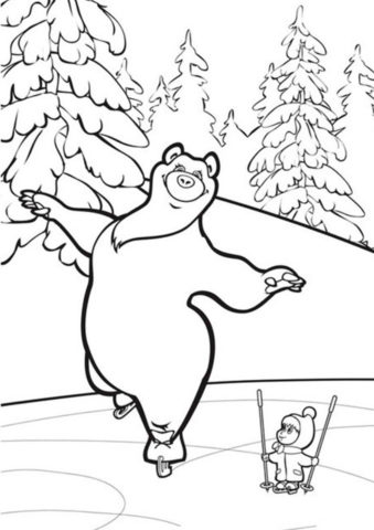 Бесплатная раскраска Маша и Медведица на коньках распечатать и скачать - Маша и Медведь