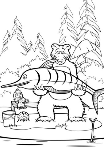 Бесплатная раскраска Медведь поймал рыбу-меч распечатать на А4 - Маша и Медведь