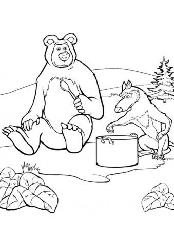 Медведь ужинает с волком (Маша и Медведь) распечатать бесплатную раскраску