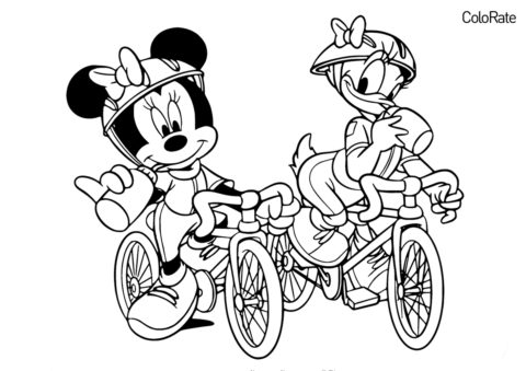 Минни и Дейзи на велосипедах раскраска распечатать на А4 - Велосипеды
