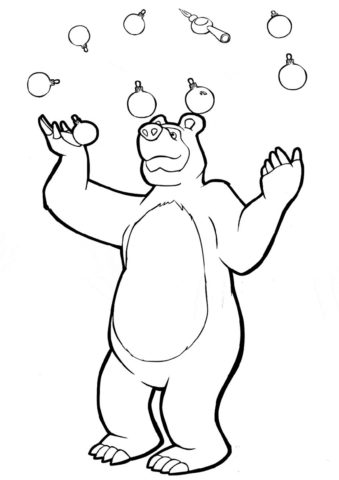 Мишка жонглирует елочными игрушками (Маша и Медведь) распечатать бесплатную раскраску