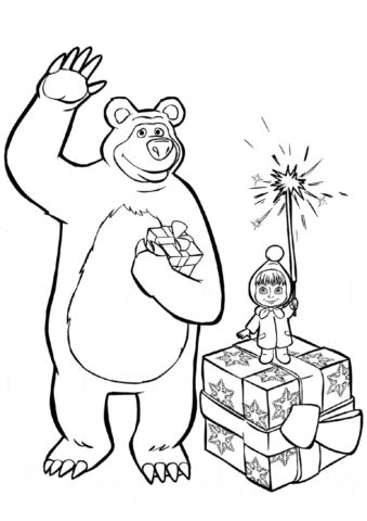 Бесплатная раскраска Мишка машет Деду Морозу распечатать и скачать - Маша и Медведь