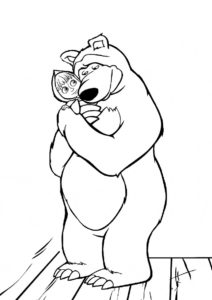 Мишка обнимает девочку - Маша и Медведь раскраска распечатать на А4