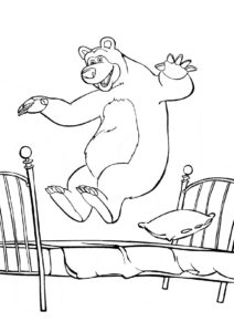Мишка прыгает на кровати раскраска распечатать на А4 - Маша и Медведь