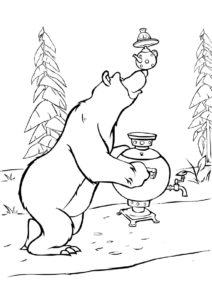 Бесплатная раскраска Мишка с самоваром - Маша и Медведь