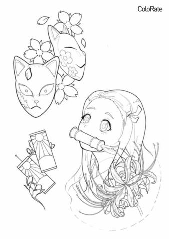 Раскраска Незуко, цветы и маски распечатать и скачать - Раскраски из аниме «Клинок, рассекающий демонов»