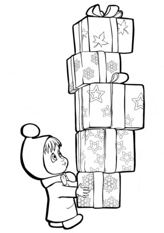 Новогодние подарки (Маша и Медведь) бесплатная раскраска