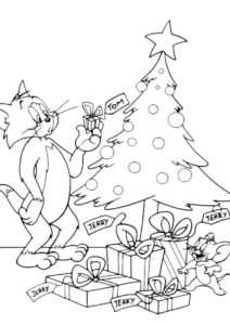 Подарки на Рождество (Том и Джерри) разукрашка для печати на А4