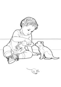 Ребенок поит котенка (Коты, кошки, котята) бесплатная раскраска на печать