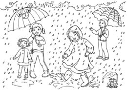 Весна бесплатная разукрашка - Ребята под дождем