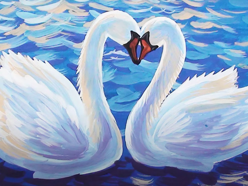 Прекрасный рисунок лебедей красками