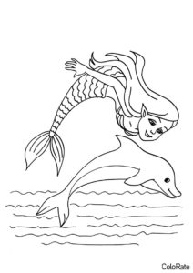Дельфины бесплатная раскраска распечатать на А4 - Русалочка с дельфинчиком