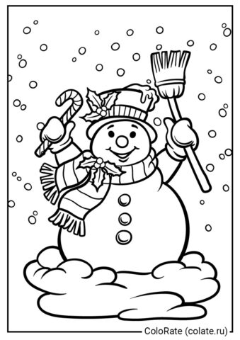 Раскраска Счастливый Снеговичок для детей распечатать на А4