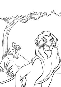 Король Лев бесплатная раскраска - Шрам заманивает Симбу в каньон