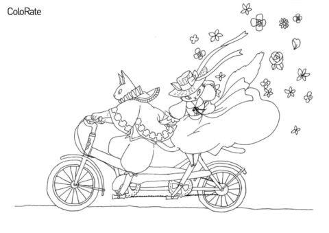 Сказочные кот и кошечка на велосипеде - Велосипеды раскраска распечатать на А4